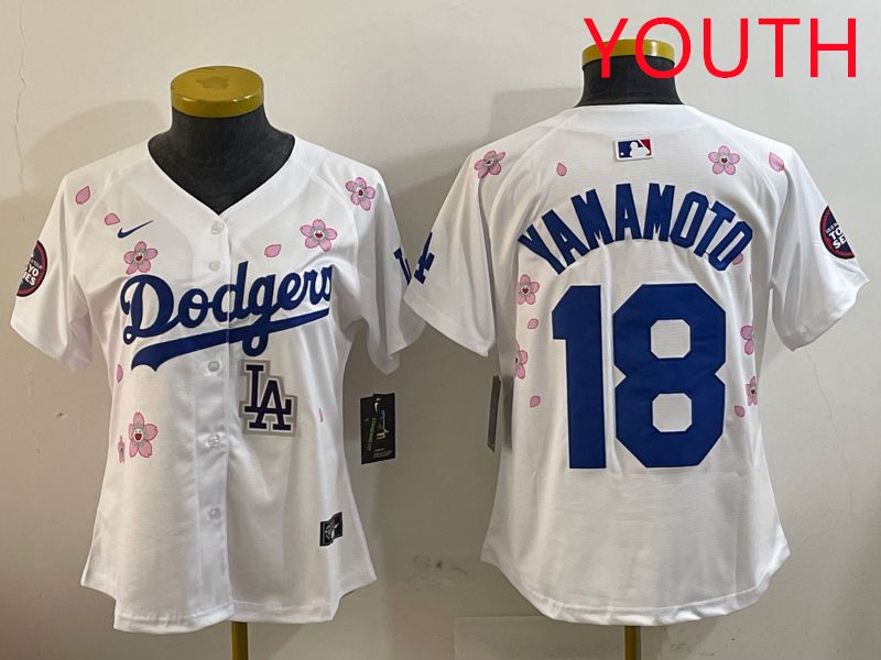 Youth Los Angeles Dodgers #18 Yamamoto White Sakura Edition 2025 Nike MLB Jersey style 9->youth mlb jersey->Youth Jersey